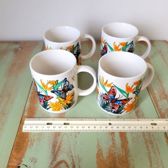 Vintage Butterfly & Flora Panstone Tropical Ceramic Set of 4 Coffee Mugs - Picture 10 of 15